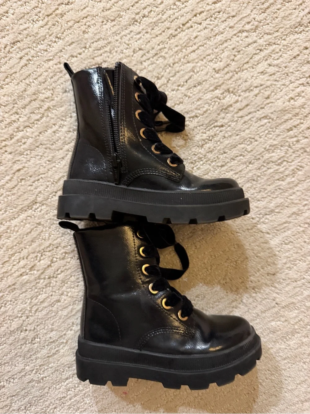 H&M Girls Black Patent Combat Boots Velvet Laces Size 9